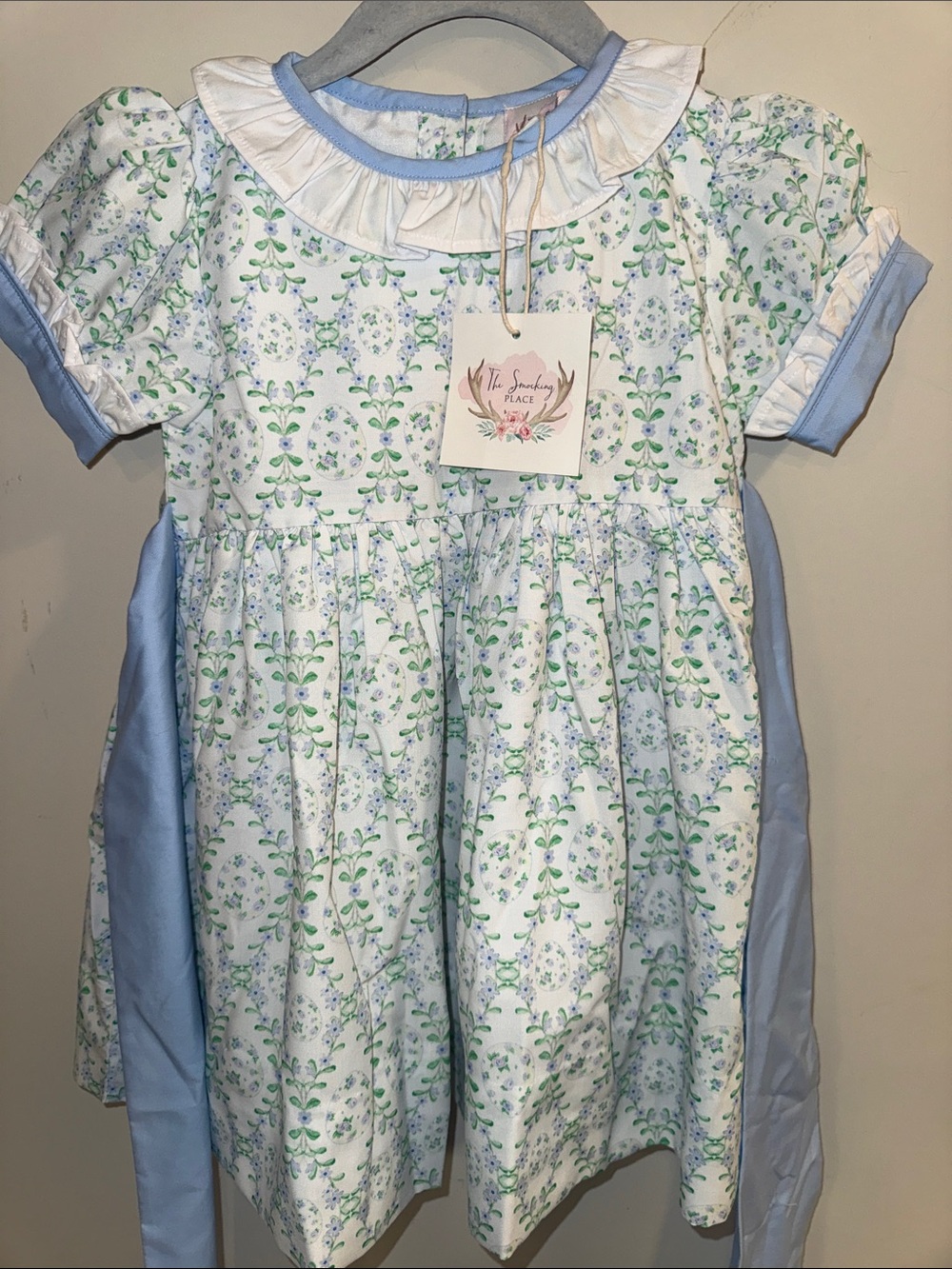 The Smocking Place Girls' Blue & White Floral Ruffle Dress
